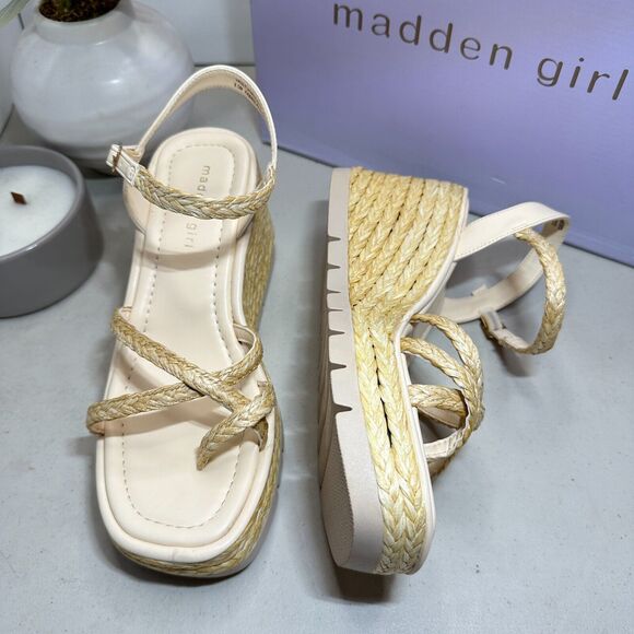 Madden Girl Vault Raffia Wedge Espadrille Sandals Cream Women's 8.5M Cushioned - Picture 9 of 13